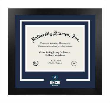 University of North Carolina at Wilmington Logo Mat Frame in Manhattan Black with Navy Blue & White Mats for DOCUMENT: 8 1/2"H X 11"W  
