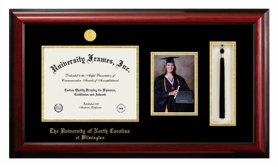 University of North Carolina at Wilmington Diploma with 5 x 7 Portrait & Tassel Box Frame in Classic Mahogany with Black & Gold Mats for document: 8 1/2"h x 11"w  
