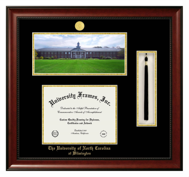 University of North Carolina at Wilmington Double Opening with Campus Image & Tassel Box (Stacked) Frame in Avalon Mahogany with Black & Gold Mats for DOCUMENT: 8 1/2"H X 11"W  