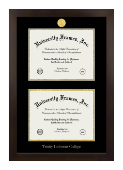 Trinity Lutheran College Double Degree (Stacked) Frame in Manhattan Espresso with Black & Gold Mats for document: 8 1/2"h x 11"w  , document: 8 1/2"h x 11"w  