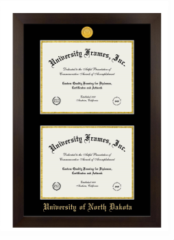 University of North Dakota Double Degree (Stacked) Frame in Manhattan Espresso with Black & Gold Mats for document: 8 1/2"h x 11"w  , document: 8 1/2"h x 11"w  