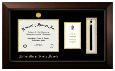 University of North Dakota Diploma with Announcement & Tassel Box Frame in Legacy Black Cherry with Black & Gold Mats for  8 1/2"h x 11"w  , diploma: 7"h x 4"w  