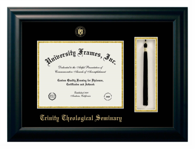 Trinity Theological Seminary Diploma with Tassel Box Frame in Satin Black with Black & Gold Mats for DOCUMENT: 8 1/2"H X 11"W  