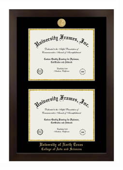 University of North Texas College of Arts and Sciences Double Degree (Stacked) Frame in Manhattan Espresso with Black & Gold Mats for document: 8 1/2"h x 11"w  , document: 8 1/2"h x 11"w  