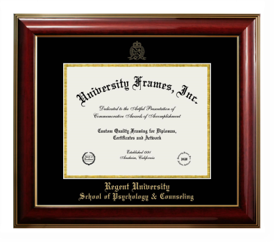 Regent University School of Psychology & Counseling Diploma Frame in Classic Mahogany with Gold Trim with Black & Gold Mats for DOCUMENT: 8 1/2"H X 11"W  