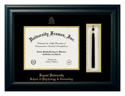 Regent University School of Psychology & Counseling Diploma with Tassel Box Frame in Satin Black with Black & Gold Mats for DOCUMENT: 8 1/2"H X 11"W  