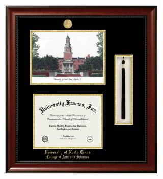 University of North Texas College of Arts and Sciences Double Opening with Campus Image & Tassel Box (Stacked) Frame in Avalon Mahogany with Black & Gold Mats for document: 8 1/2"h x 11"w  