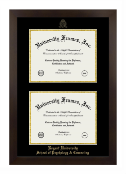 Regent University School of Psychology & Counseling Double Degree (Stacked) Frame in Manhattan Espresso with Black & Gold Mats for document: 8 1/2"h x 11"w  , document: 8 1/2"h x 11"w  