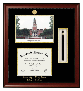 University of North Texas College of Business Double Opening with Campus Image & Tassel Box (Stacked) Frame in Avalon Mahogany with Black & Gold Mats for document: 8 1/2"h x 11"w  