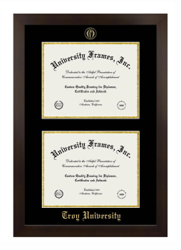 Troy University Double Degree (Stacked) Frame in Manhattan Espresso with Black & Gold Mats for DOCUMENT: 8 1/2"H X 11"W  , DOCUMENT: 8 1/2"H X 11"W  