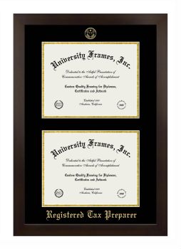 Registered Tax Preparer Double Degree (Stacked) Frame in Manhattan Espresso with Black & Gold Mats for document: 8 1/2"h x 11"w  , document: 8 1/2"h x 11"w  