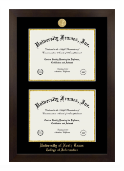University of North Texas College of Information Double Degree (Stacked) Frame in Manhattan Espresso with Black & Gold Mats for document: 8 1/2"h x 11"w  , document: 8 1/2"h x 11"w  