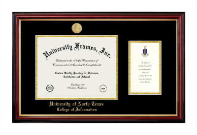 University of North Texas College of Information Diploma with Announcement Frame in Petite Mahogany with Gold Trim with Black & Gold Mats for document: 8 1/2"h x 11"w  , diploma: 7"h x 4"w  