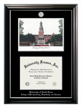 University of North Texas College of Merchandising, Hospitality, and Tourism Double Opening with Campus Image (Stacked) Frame in Classic Ebony with Silver Trim with Black & Silver Mats for document: 8 1/2"h x 11"w  