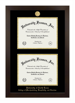 University of North Texas College of Merchandising, Hospitality, and Tourism Double Degree (Stacked) Frame in Manhattan Espresso with Black & Gold Mats for document: 8 1/2"h x 11"w  , document: 8 1/2"h x 11"w  