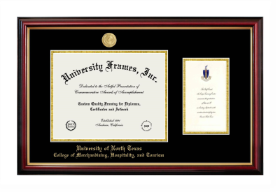 University of North Texas College of Merchandising, Hospitality, and Tourism Diploma with Announcement Frame in Petite Mahogany with Gold Trim with Black & Gold Mats for document: 8 1/2"h x 11"w  , diploma: 7"h x 4"w  
