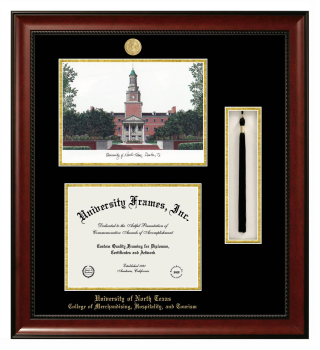 University of North Texas College of Merchandising, Hospitality, and Tourism Double Opening with Campus Image & Tassel Box (Stacked) Frame in Avalon Mahogany with Black & Gold Mats for document: 8 1/2"h x 11"w  
