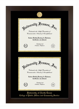 University of North Texas College of Public Affairs and Community Service Double Degree (Stacked) Frame in Manhattan Espresso with Black & Gold Mats for document: 8 1/2"h x 11"w  , document: 8 1/2"h x 11"w  