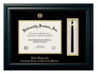 Tufts University Cummings School of Veterinary Medicine Diploma with Tassel Box Frame in Satin Black with Black & Gold Mats for DOCUMENT: 8 1/2"H X 11"W  