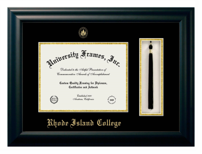 Rhode Island College Diploma with Tassel Box Frame in Satin Black with Black & Gold Mats for document: 8 1/2"h x 11"w  