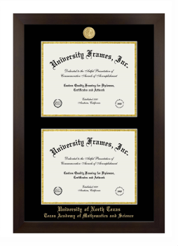 University of North Texas Texas Academy of Mathematics and Science Double Degree (Stacked) Frame in Manhattan Espresso with Black & Gold Mats for document: 8 1/2"h x 11"w  , document: 8 1/2"h x 11"w  