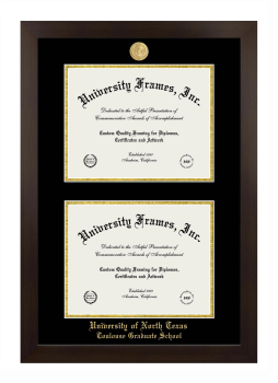 University of North Texas Toulouse Graduate School Double Degree (Stacked) Frame in Manhattan Espresso with Black & Gold Mats for document: 8 1/2"h x 11"w  , document: 8 1/2"h x 11"w  
