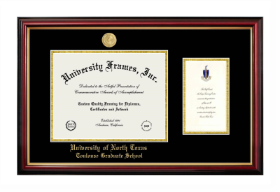 University of North Texas Toulouse Graduate School Diploma with Announcement Frame in Petite Mahogany with Gold Trim with Black & Gold Mats for document: 8 1/2"h x 11"w  , diploma: 7"h x 4"w  