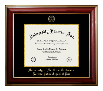 University of Northern California Lorenzo Patiño School of Law Diploma Frame in Classic Mahogany with Gold Trim with Black & Gold Mats for DOCUMENT: 8 1/2"H X 11"W  