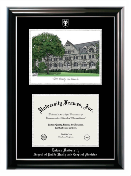Tulane University School of Public Health and Tropical Medicine Double Opening with Campus Image (Stacked) Frame in Classic Ebony with Silver Trim with Black & Silver Mats for document: 8 1/2"h x 11"w  