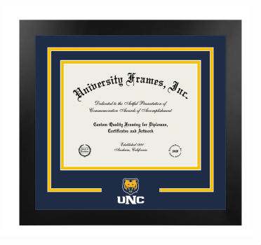 University of Northern Colorado Logo Mat Frame in Manhattan Black with Navy Blue & Amber Mats for DOCUMENT: 8 1/2"H X 11"W  
