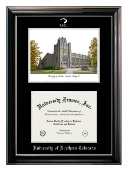 University of Northern Colorado Double Opening with Campus Image (Stacked) Frame in Classic Ebony with Silver Trim with Black & Silver Mats for  8"h x 10"w  