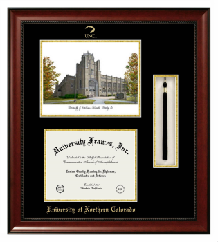 University of Northern Colorado Double Opening with Campus Image & Tassel Box (Stacked) Frame in Avalon Mahogany with Black & Gold Mats for  8"h x 10"w  