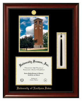 University of Northern Iowa Double Opening with Campus Image & Tassel Box (Stacked) Frame in Avalon Mahogany with Black & Gold Mats for document: 8 1/2"h x 11"w  