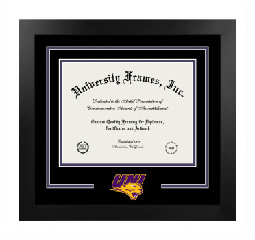University of Northern Iowa College of Humanities, Arts and Sciences Logo Mat Frame in Manhattan Black with Black & Purple Mats for DOCUMENT: 8 1/2"H X 11"W  