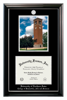 University of Northern Iowa College of Humanities, Arts and Sciences Double Opening with Campus Image (Stacked) Frame in Classic Ebony with Silver Trim with Black & Silver Mats for DOCUMENT: 8 1/2"H X 11"W  