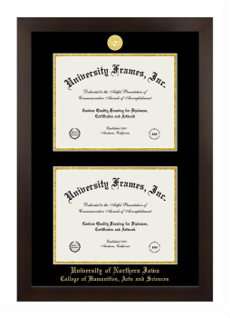 University of Northern Iowa College of Humanities, Arts and Sciences Double Degree (Stacked) Frame in Manhattan Espresso with Black & Gold Mats for DOCUMENT: 8 1/2"H X 11"W  , DOCUMENT: 8 1/2"H X 11"W  