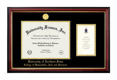 University of Northern Iowa College of Humanities, Arts and Sciences Diploma with Announcement Frame in Petite Mahogany with Gold Trim with Black & Gold Mats for DOCUMENT: 8 1/2"H X 11"W  ,  7"H X 4"W  