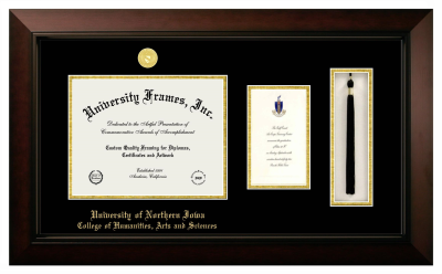 University of Northern Iowa College of Humanities, Arts and Sciences Diploma with Announcement & Tassel Box Frame in Legacy Black Cherry with Black & Gold Mats for DOCUMENT: 8 1/2"H X 11"W  ,  7"H X 4"W  