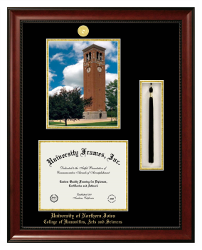 University of Northern Iowa College of Humanities, Arts and Sciences Double Opening with Campus Image & Tassel Box (Stacked) Frame in Avalon Mahogany with Black & Gold Mats for DOCUMENT: 8 1/2"H X 11"W  