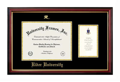 Rider University Diploma with Announcement Frame in Petite Mahogany with Gold Trim with Black & Gold Mats for document: 8 1/2"h x 11"w  , diploma: 7"h x 4"w  