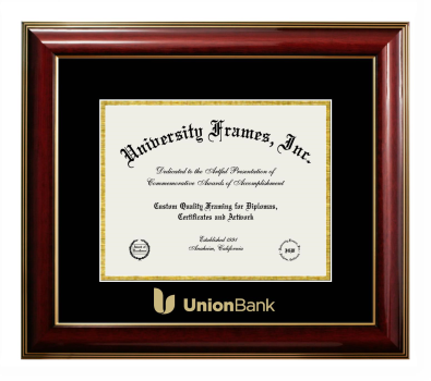Union Bank Diploma Frame in Classic Mahogany with Gold Trim with Black & Gold Mats for DOCUMENT: 8 1/2"H X 11"W  