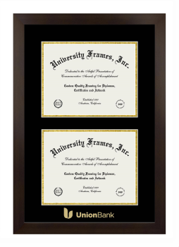 Union Bank Double Degree (Stacked) Frame in Manhattan Espresso with Black & Gold Mats for document: 8 1/2"h x 11"w  , document: 8 1/2"h x 11"w  