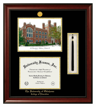 University of Oklahoma College of Education Double Opening with Campus Image & Tassel Box (Stacked) Frame in Avalon Mahogany with Black & Gold Mats for document: 8 1/2"h x 11"w  