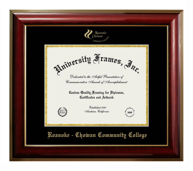 Roanoke - Chowan Community College Diploma Frame in Classic Mahogany with Gold Trim with Black & Gold Mats for document: 8 1/2"h x 11"w  