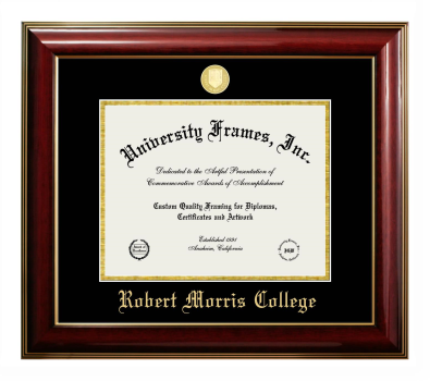 Robert Morris College Diploma Frame in Classic Mahogany with Gold Trim with Black & Gold Mats for DOCUMENT: 8 1/2"H X 11"W  
