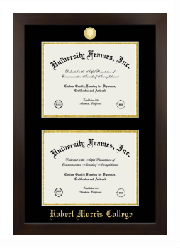 Robert Morris College Double Degree (Stacked) Frame in Manhattan Espresso with Black & Gold Mats for document: 8 1/2"h x 11"w  , document: 8 1/2"h x 11"w  
