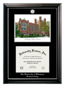University of Oklahoma Graduate College Double Opening with Campus Image (Stacked) Frame in Classic Ebony with Silver Trim with Black & Silver Mats for document: 8 1/2"h x 11"w  