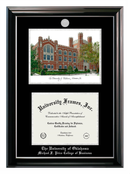 University of Oklahoma Michael F. Price College of Business Double Opening with Campus Image (Stacked) Frame in Classic Ebony with Silver Trim with Black & Silver Mats for DOCUMENT: 8 1/2"H X 11"W  