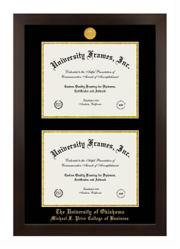University of Oklahoma Michael F. Price College of Business Double Degree (Stacked) Frame in Manhattan Espresso with Black & Gold Mats for DOCUMENT: 8 1/2"H X 11"W  , DOCUMENT: 8 1/2"H X 11"W  