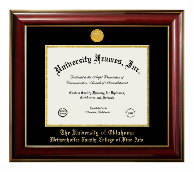 University of Oklahoma Weitzenhoffer Family College of Fine Arts Diploma Frame in Classic Mahogany with Gold Trim with Black & Gold Mats for DOCUMENT: 8 1/2"H X 11"W  